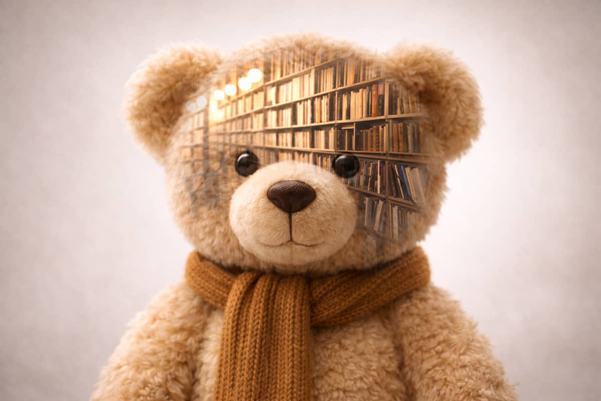Teddy Bear with Mind Library Representing AI Teddy