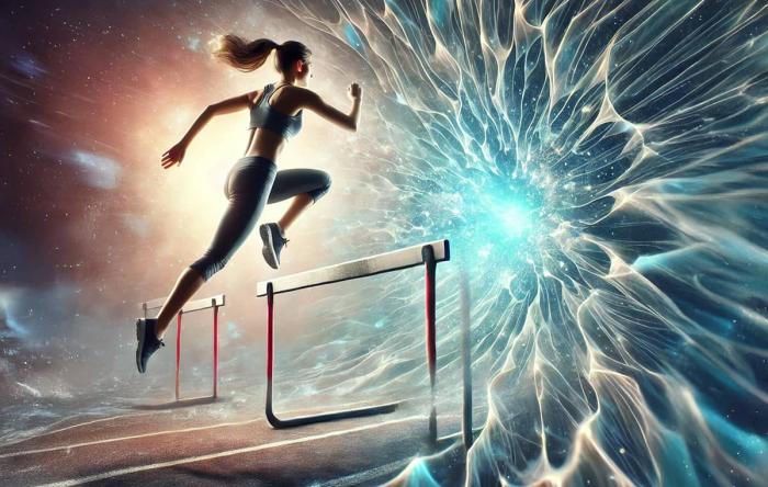 Female athlete jumping a hurdle, symbolizing the potential of psychedelics in sports performance and mental health.